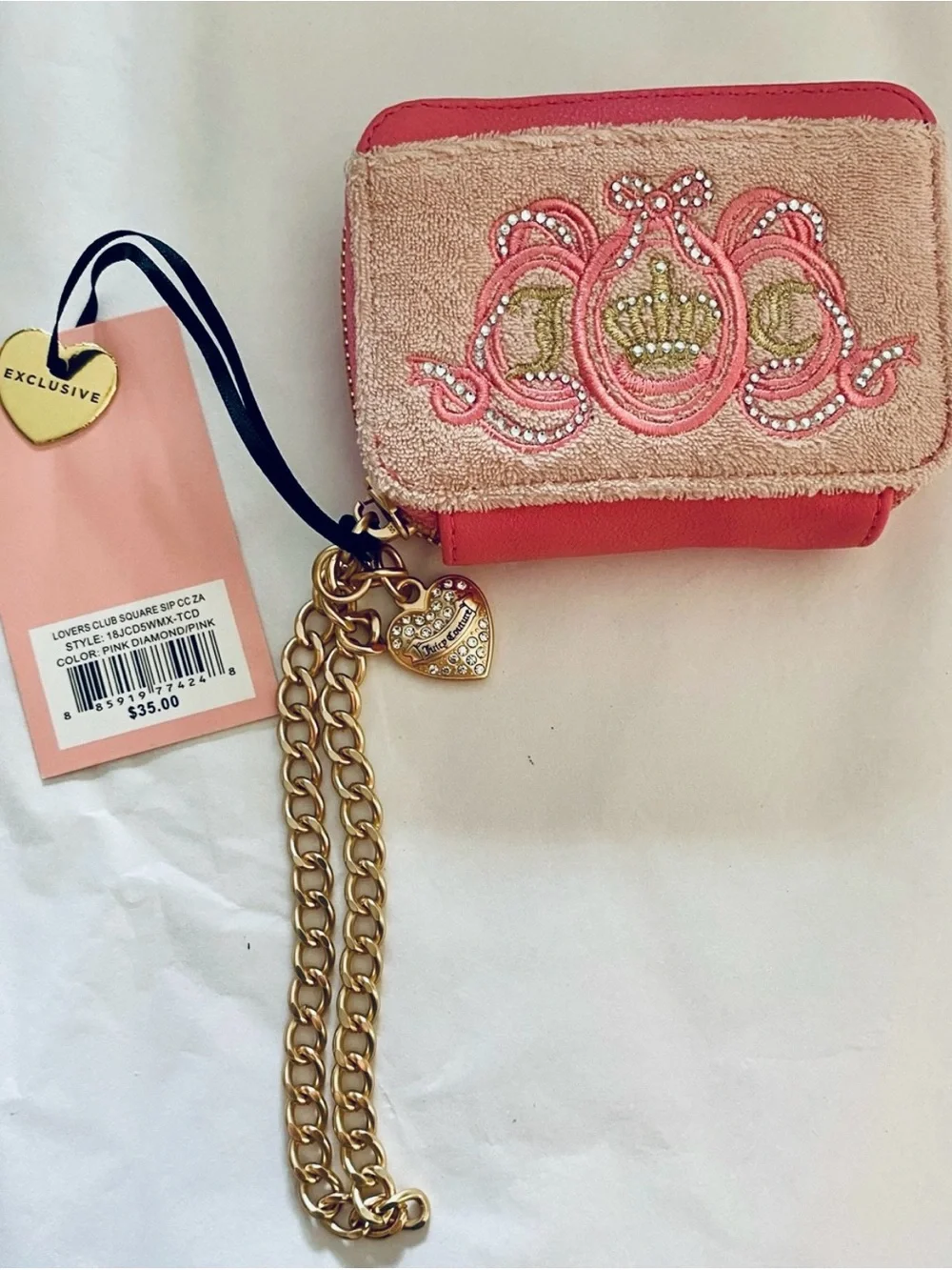 Juicy Couture Pink Wristlet Card Case with Gold Heart Charm and Chain